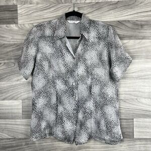 SILK ICON Blouse Small White Animal Print Sheer Button Up 100% Silk Fairy Grunge